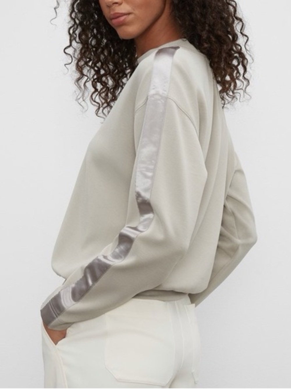 Club Monaco Softstreme Gray Crewneck Pullover with Satin Sleeve Stripe